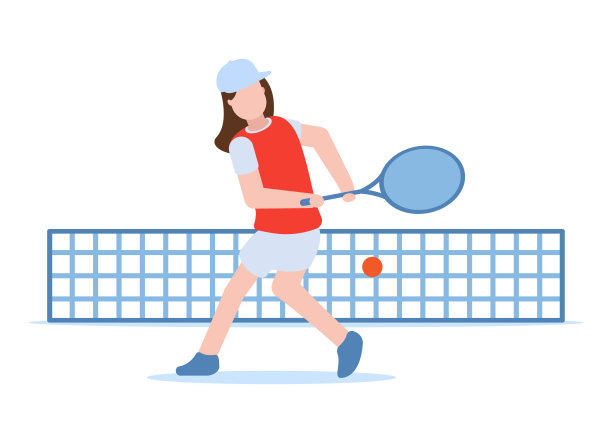 一个穿着运动服的女人在打网球。手持球拍击打一个孤立的白色背景的球的女运动员。平面卡通矢量插图。图片下载