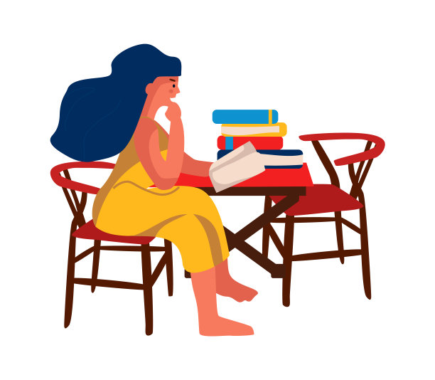 在家看书的女人。坐在桌子旁的椅子上的女孩。喜欢文学作品或研究教育文学的女性。爱好或周末放松。向量的休闲方式图片下载