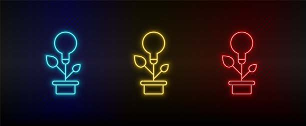 霓虹灯图标设置生态能源，灯，植物。一套红色，蓝色，黄色霓虹灯矢量图标图片下载