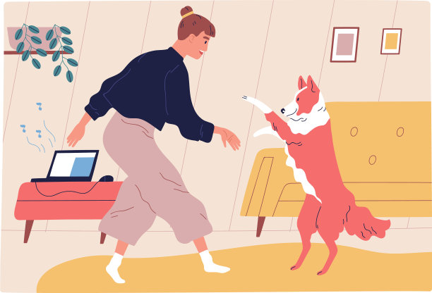 女人跳舞和可爱的边境牧羊犬玩图片下载