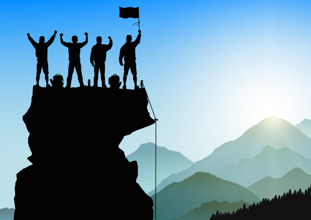 剪影的男人站在山顶与愉快的日出背景，成功，成就，胜利和赢得团队的概念矢量插图图片下载