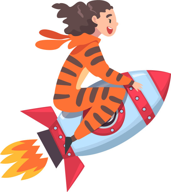 可爱的女孩穿着老虎服装在太空火箭上飞行图片下载