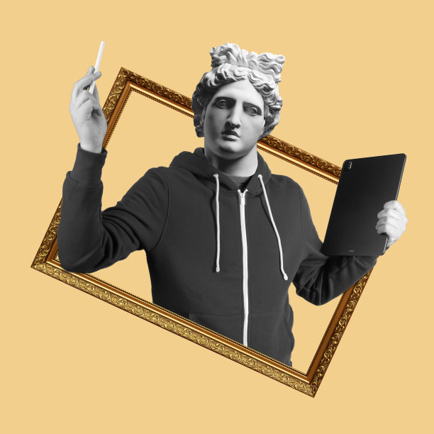 现代艺术拼贴。概念人像人拿着写字板和铅笔。阿波罗的石膏头。图片下载
