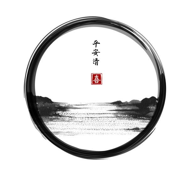 亚洲风格的湖景，以粟墨手绘图片下载