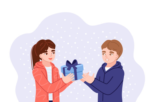 女孩和男孩在交换圣诞礼物图片下载