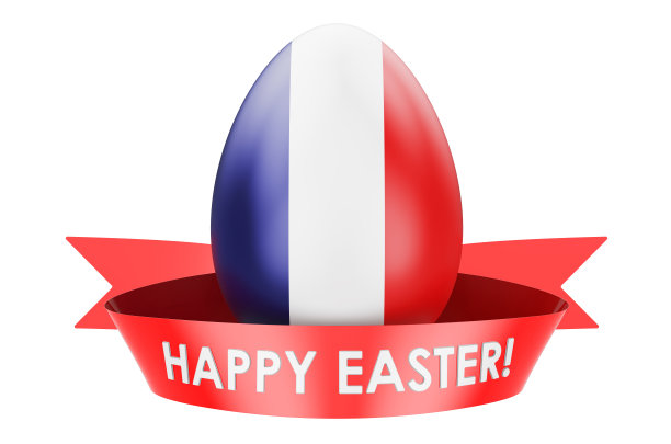 带有法国国旗的复活节彩蛋。复活节快乐在法国的概念，3D渲染孤立的白色背景图片下载