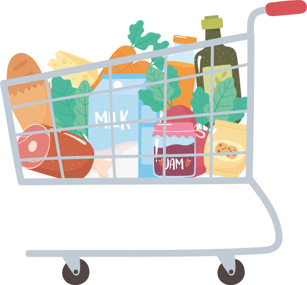 购物车里有面包、肉、牛奶、果酱、胡萝卜等图片下载