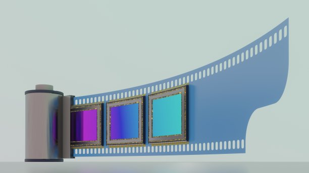 摄影技术发展的概念，胶片和数码相机传感器，低视点，3D渲染图片下载