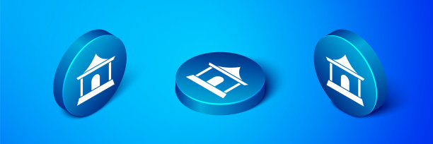 中国传统房屋图标孤立在蓝色背景上。蓝色圆按钮。向量图片下载