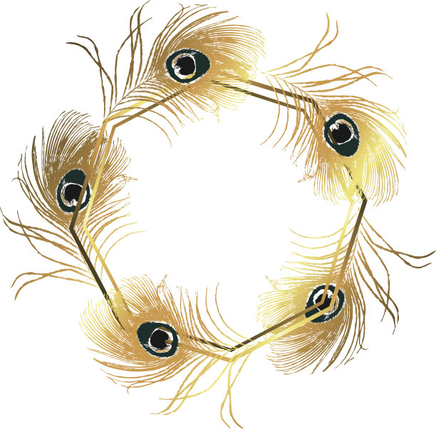 孔雀羽毛金色的花环孤立在白色图片下载