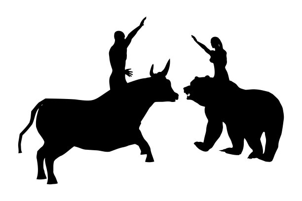 一个女人骑着熊和一个男人骑着公牛的黑色剪影，矢量图片下载