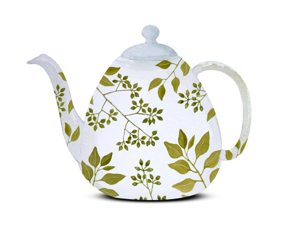 传统的复古白茶壶与一束绿色的叶子，插图水彩画在白色的背景和剪切路径图片下载
