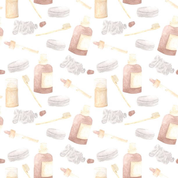 图案环保的东西，喷雾，香油，牙刷，奶油在一个管水彩画图片下载