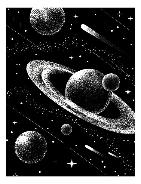 老式的太空海报上有航天飞机、宇航员、行星和星星。空间的主题。单色的风格。Dotwork。高细节。航天日的海报。明信片、邀请等。图片下载