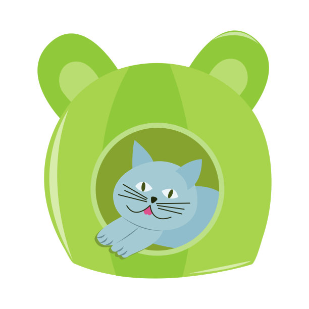 在睡袋屋里的灰色小猫。附件为宠物。动物护理项目孤立在白色背景。向量卡通插图。图片下载