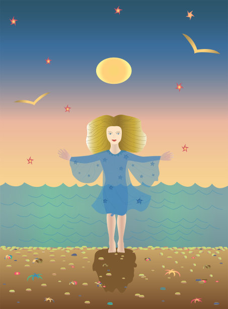 女孩赤足站在海边，张开双手图片下载