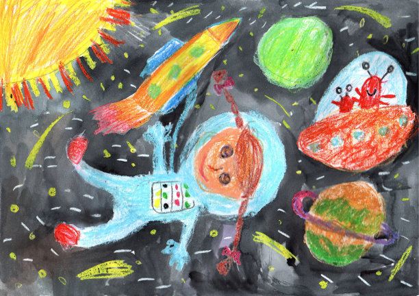 水彩儿童画太空行星火箭图片下载