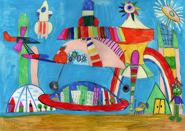 水彩儿童画太空行星火箭图片下载