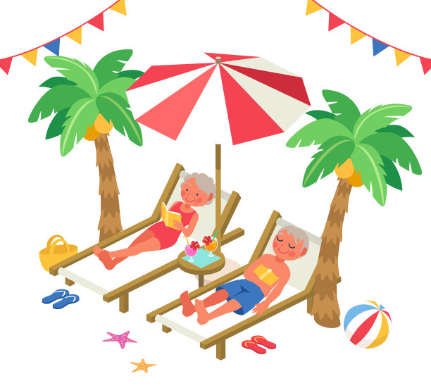 矢量插图的一个老年夫妇放松在沙滩沙发上在一个夏季度假(等距)图片下载