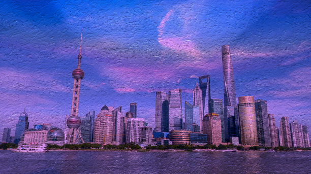 画的城市街道与五颜六色的灯光，上海外滩的夜晚图片下载