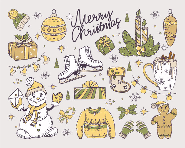 圣诞节设置在涂鸦风格的假日装饰图片下载