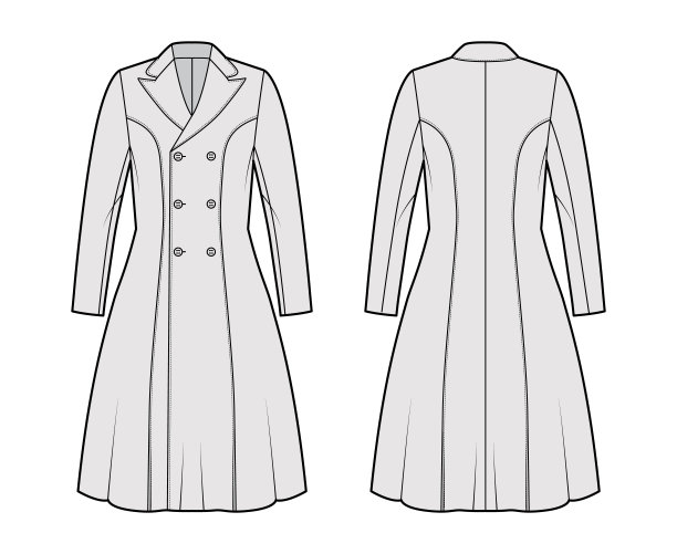 公主线大衣技术时尚插图双排扣，合身的身体，峰值翻领，膝盖长度图片下载