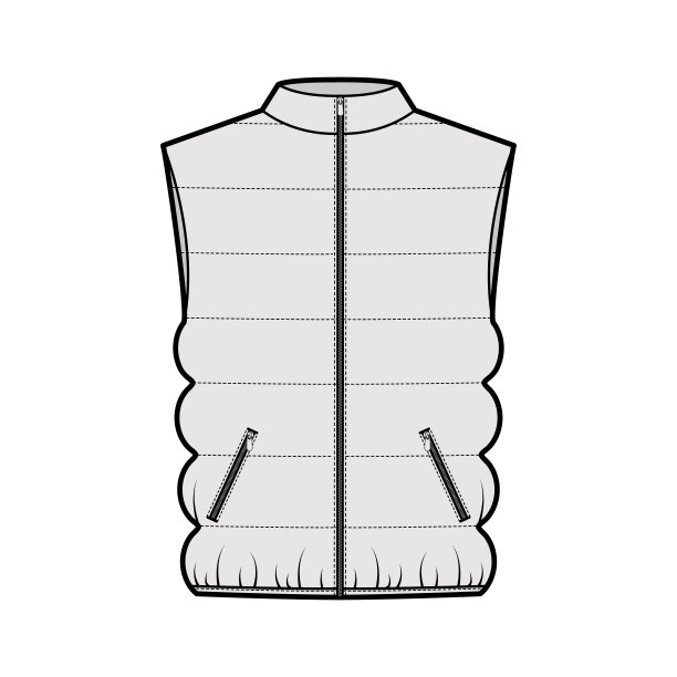羽绒马甲技术时尚插画无袖，领，拉链关闭，口袋，超大图片下载