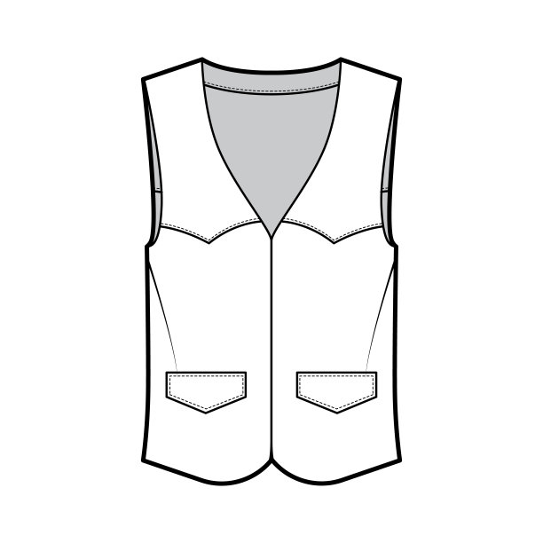 西方背心马甲技术时尚插图无袖，轭，皮瓣口袋，合身的身体。平的服装图片下载
