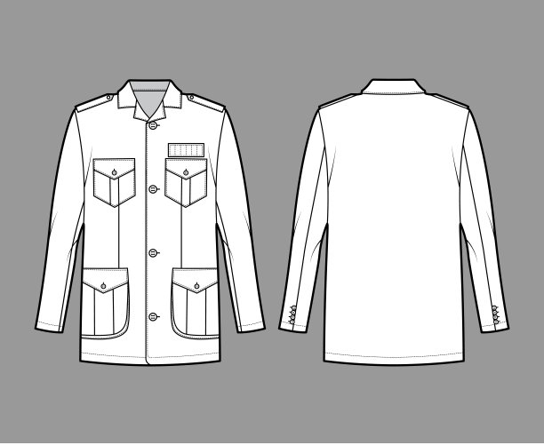 狩猎夹克技术时尚插图超大，开领，长袖，皮瓣口袋，纽扣，肩章图片下载