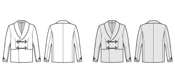 双排扣，长袖，披肩领，束腰口袋的吸烟夹克技术时尚插图。平图片下载