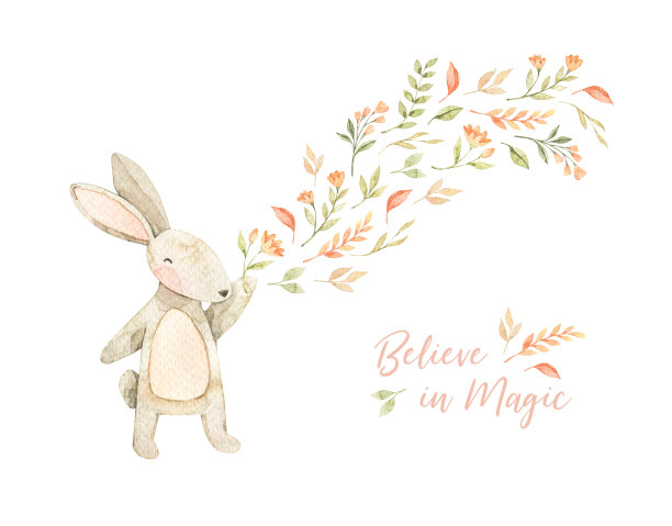 水彩画可爱的兔子和花。相信魔法文字的引用。野花盛开，婴儿性格。儿童房的装饰。完美的邀请，贺卡，包装，宝宝送礼会图片下载