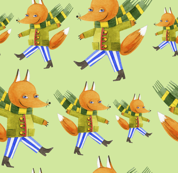 无缝模式的姜狐狸在一个浅绿色的背景。可爱的卡通动物，橄榄外套和条纹围巾。手绘水彩春季插图狡猾的姜狐狸。纺织品印花。图片下载