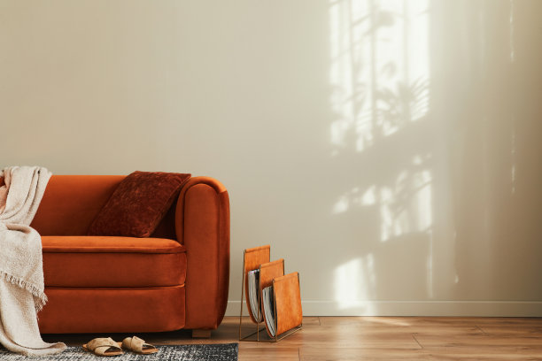 时尚的室内客厅在高档家居设计沙发，报摊，枕头，毯子，书，拖鞋，地毯装饰和个人饰品在现代家居装饰。模板。副本的空间。图片下载