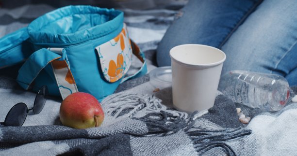 一个女人正从沙滩毯上的冷却袋里拿出一瓶水和一个纸杯图片下载