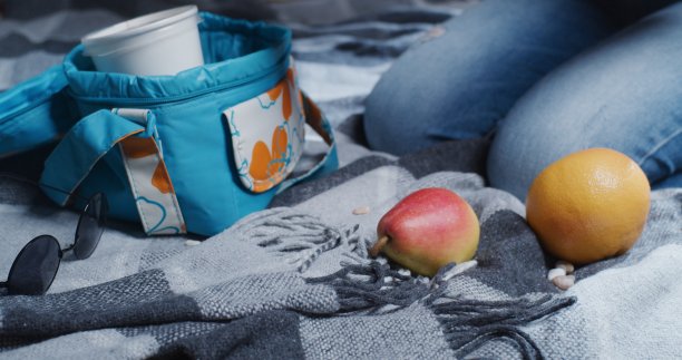 女人正在从沙滩毯上的冷却袋里取出水果图片下载