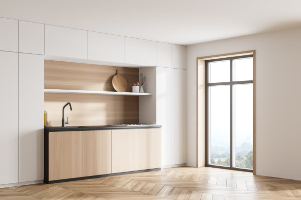 木质和白色的厨房，架子和电器，镶木地板图片下载