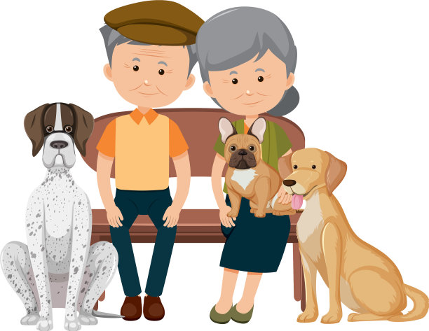 一对老夫妇和他们的狗在白色背景上图片下载