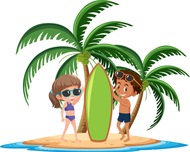 热带岛屿上的孩子们在海浪旁摆姿势图片下载