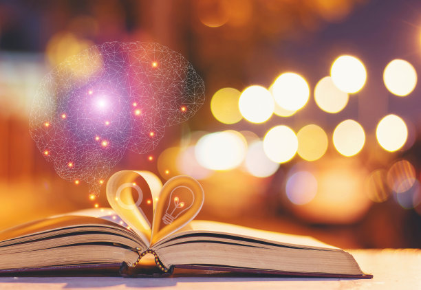 书籍和脑标散景背景，概念阅读书籍、知识的想法，并寻找新的想法。图片下载