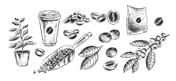 手绘黑白咖啡套图片下载