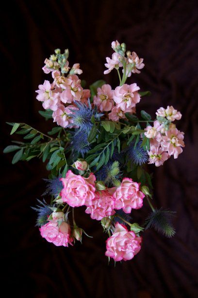 一束鲜花，粉红色的玫瑰，粉红色的马提奥拉和蓝色的蓟图片下载