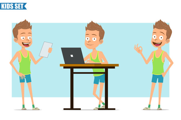 卡通平面有趣的运动男孩角色设置图片下载