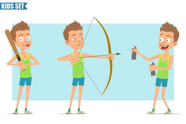 卡通平面有趣的运动男孩角色设置图片下载