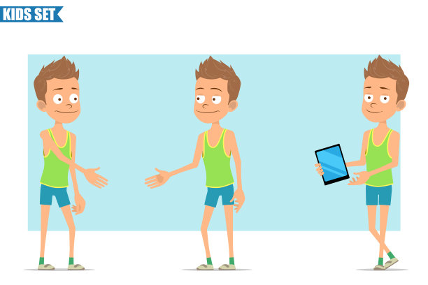 卡通平面有趣的运动男孩角色设置图片下载