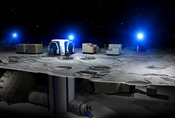 月球基地，空间前哨。第一个在月球上定居的人。太空任务。在月球底土上征服太空的生活模块图片下载