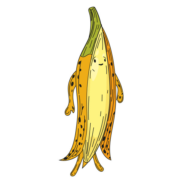 香蕉手黎明素描水果可爱的人物卡通。矢量图图片下载