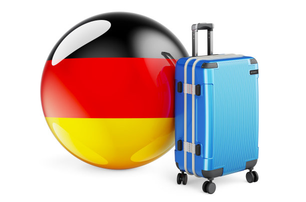带有德国国旗的手提箱。德国旅行概念，3D渲染孤立的白色背景图片下载