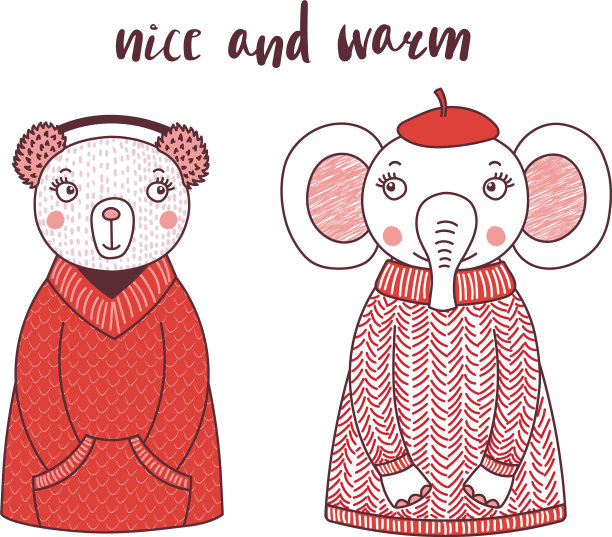 可爱有趣的动物在编织的帽子和毛衣图片下载