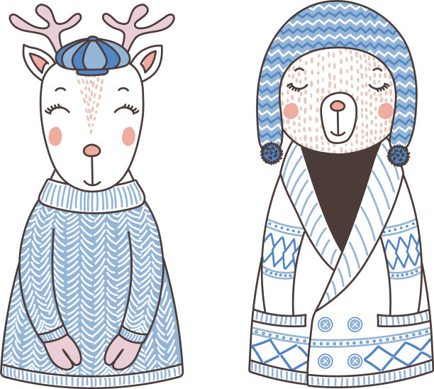 可爱有趣的动物在编织的帽子和毛衣图片下载