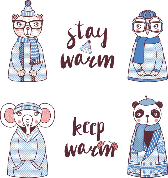 可爱有趣的动物在编织的帽子和毛衣图片下载